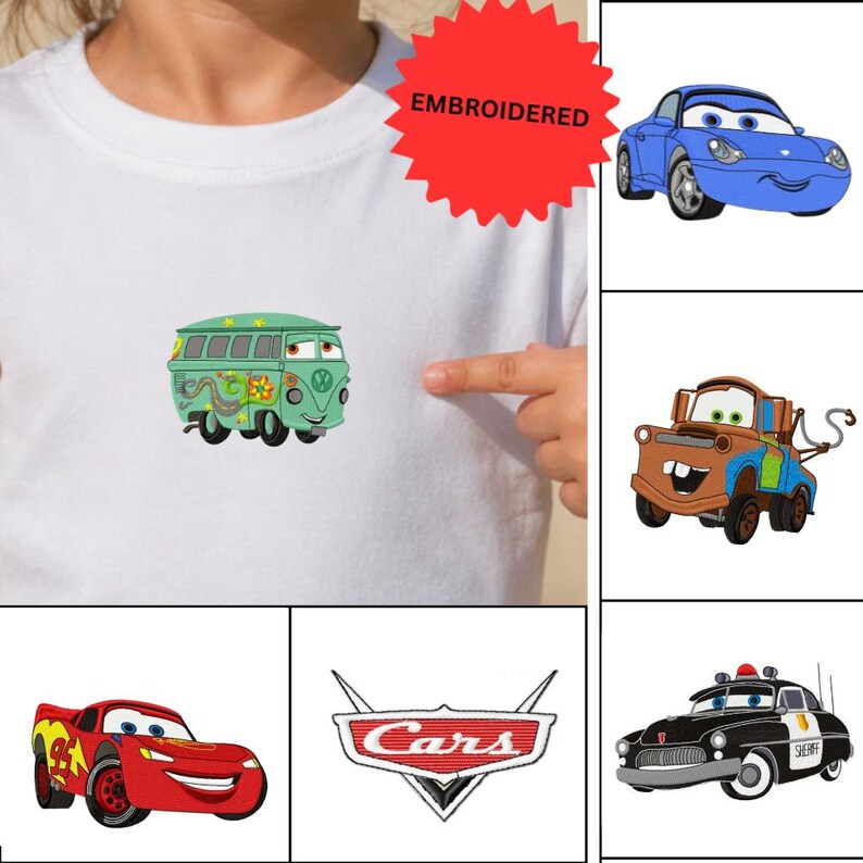 The image is a collage of various cartoon car designs, including a green Volkswagen bus, a blue car, and other colorful vehicles.