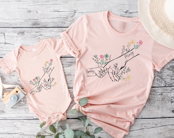 Custom Mom Shirt with Kids Names, Holding Child And Mama Hands T-Shirt, Mothers Day Gift, Personalized Mothers Day Gift, Custom Mama T-shirt