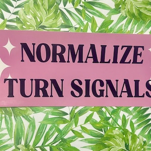 Könnte beinhalten: Ein rosa Schild mit weißen Sternen und dem Text "NORMALIZE TURN SIGNALS" in lila Buchstaben.