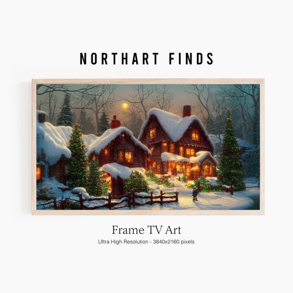 Vintage Christmas Samsung Frame TV Art, merry Christmas Holiday Decor,Digital Download, Snow covered house, digital painting, christmas tree