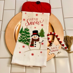 Winter Kitchen Towel Set: Gnome, Snowman, Gingerbread Decor with Attached Potholders