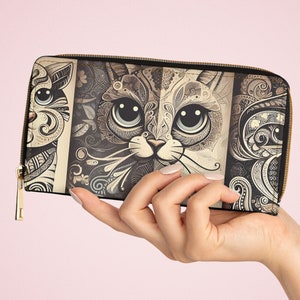 Faux Leather Wallet with Ethnic Mandala Cat Image, Women's Wallet with Zip, Cruelty-Free Faux Leather Accessory