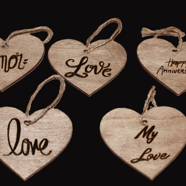 Valentine gift tags; Anniversary gift tags; Anniversary ornaments; Valentine ornaments; Wood burned hearts; Wood gift tags; Hearts