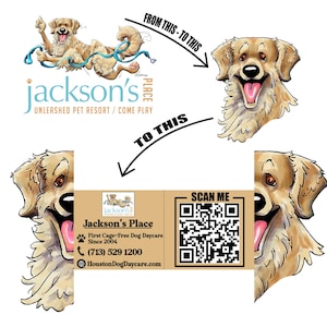 Può includere: Illustrazione di un cane golden retriever sorridente. L'immagine include il testo "jackson's PLACE UNLEASHED PET RESORT / COME PLAY", un codice QR e i dettagli di Jackson's Place.