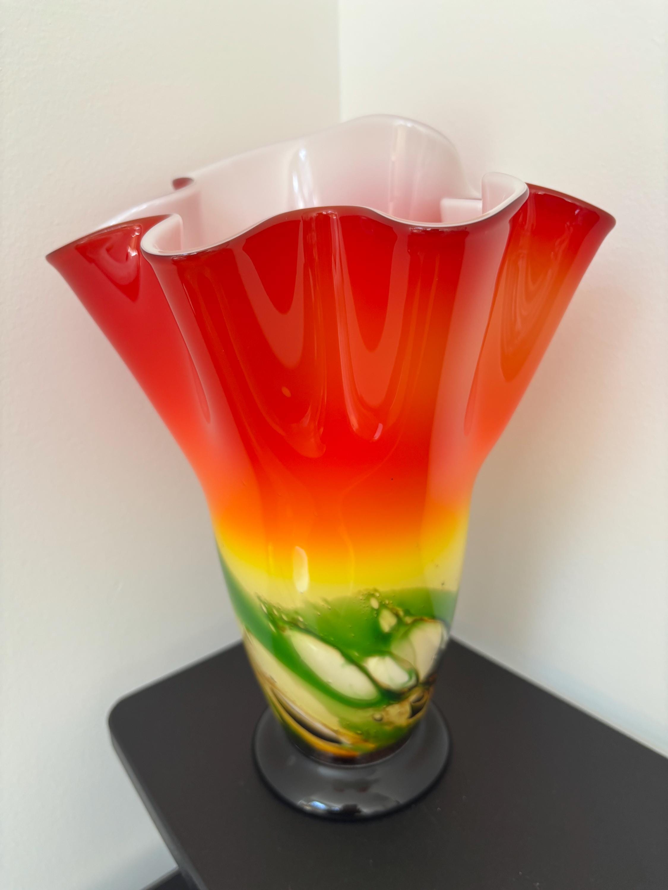 Vintage Murano Style Freeform, handkerchief,cased blown glass vase Red/ Orange, Yellow, Green. Murano Art glass ruffle edge Vase 12” tall.