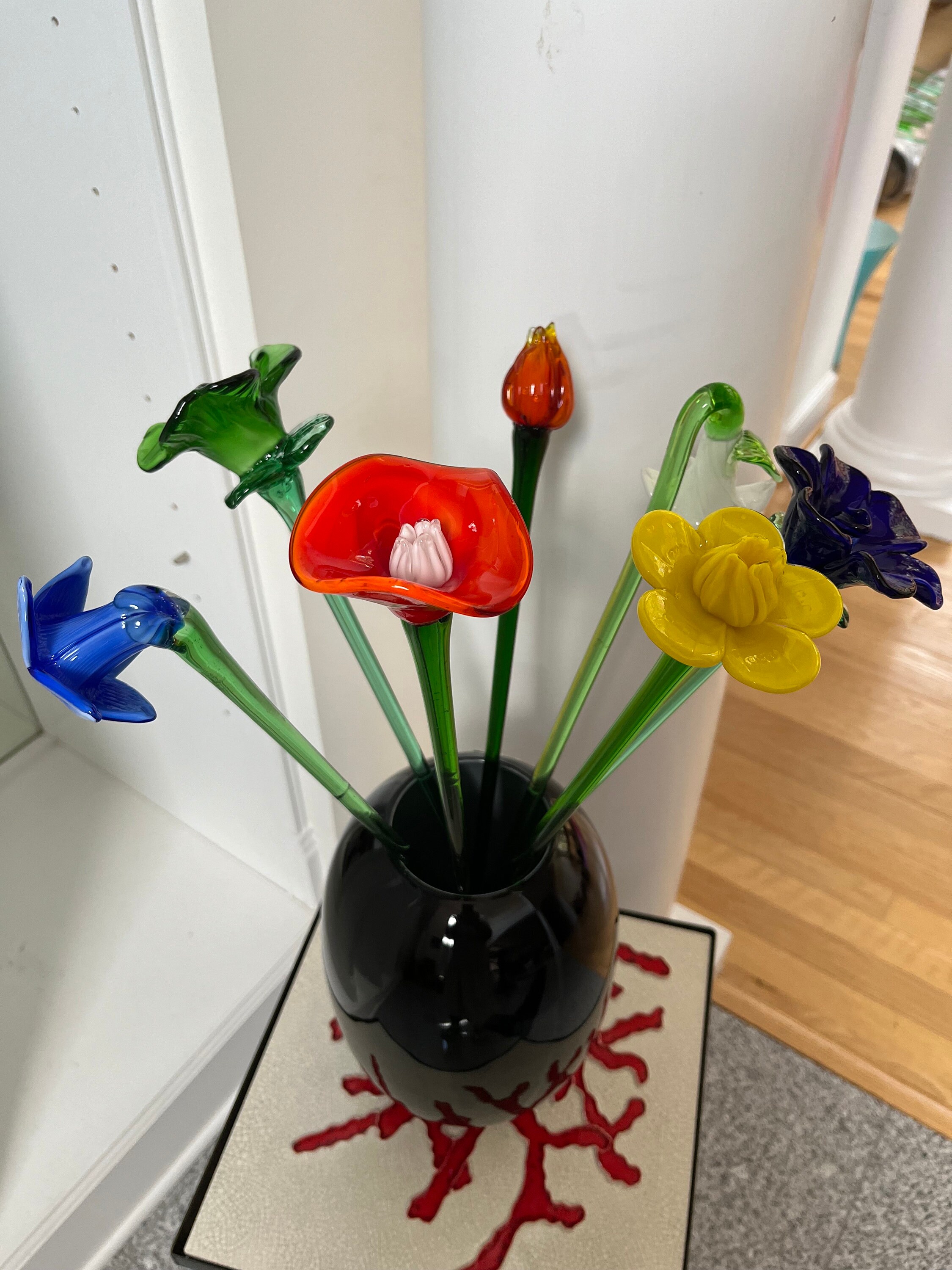 Murano Style Long Stem Glass Flowers, 19 Long. Multi Color Art Glass