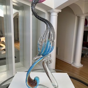 FORMIA, Vetri Di Murano Art glass bird Sculpture, with Silver Leaf/ Flecks. Vintage Royal Heron Bird Sculpture 29” Tall, Made in Italy.