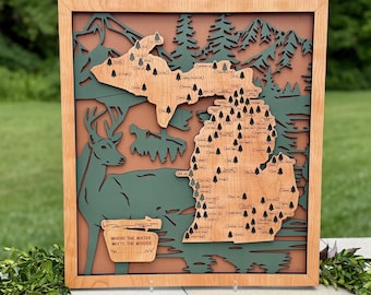 Personalized Michigan State Park Map Wooden Travel Tracker