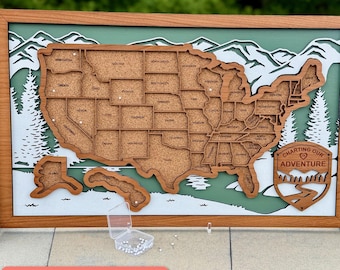 Personalized US Travel Map Tracker: Cherry Veneer Adventure Decor Cork Push Pin
