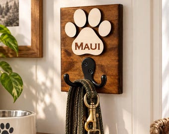 Personalized Dog Leash Hook Rack – Wooden Paw Print Holder