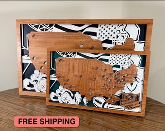 NFL Stadium Travel Map: Cherry Wood Football Gift, Sports Fan Wall Art