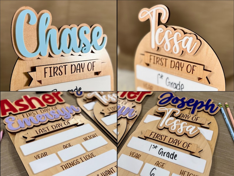 May include: Wooden first day of school signs with names like "Chase" and "Tessa" in blue and white script. Each sign has space for grade, age, and other details. A fun way to commemorate the first day of school.