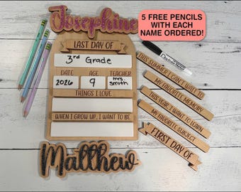 First Last Day of School Sign, Interchangeable Wood Board with 6 Prompts