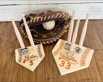 Baseball Softball Championship Ring Holder, Personalized Wooden Bat Design Display Rings, Tournament Ring Holder, White Gray Honey Stain