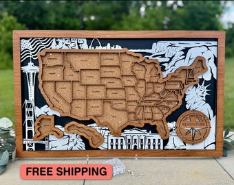 Personalized US Travel Map Tracker: Cherry Veneer Monument Decor Cork Push Pin