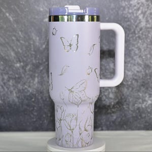 Custom Engraved 40oz Tumbler with Tulip Butterfly Design - Insulated RTIC Travel Mug Flowers butterfly Lover Nature