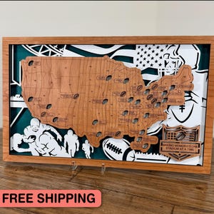 NFL Stadium Travel Map: Cherry Wood Football Gift, Sports Fan Wall Art