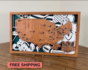 NFL Stadium Travel Map: Cherry Wood Football Gift, Sports Fan Wall Art