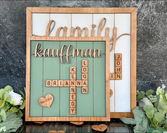 Personalized Family Crossword Sign, Custom Wooden Letter Tile Wall Art