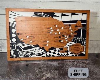Custom NASCAR Track Travel Map – Handcrafted Wooden Racing Fan Display