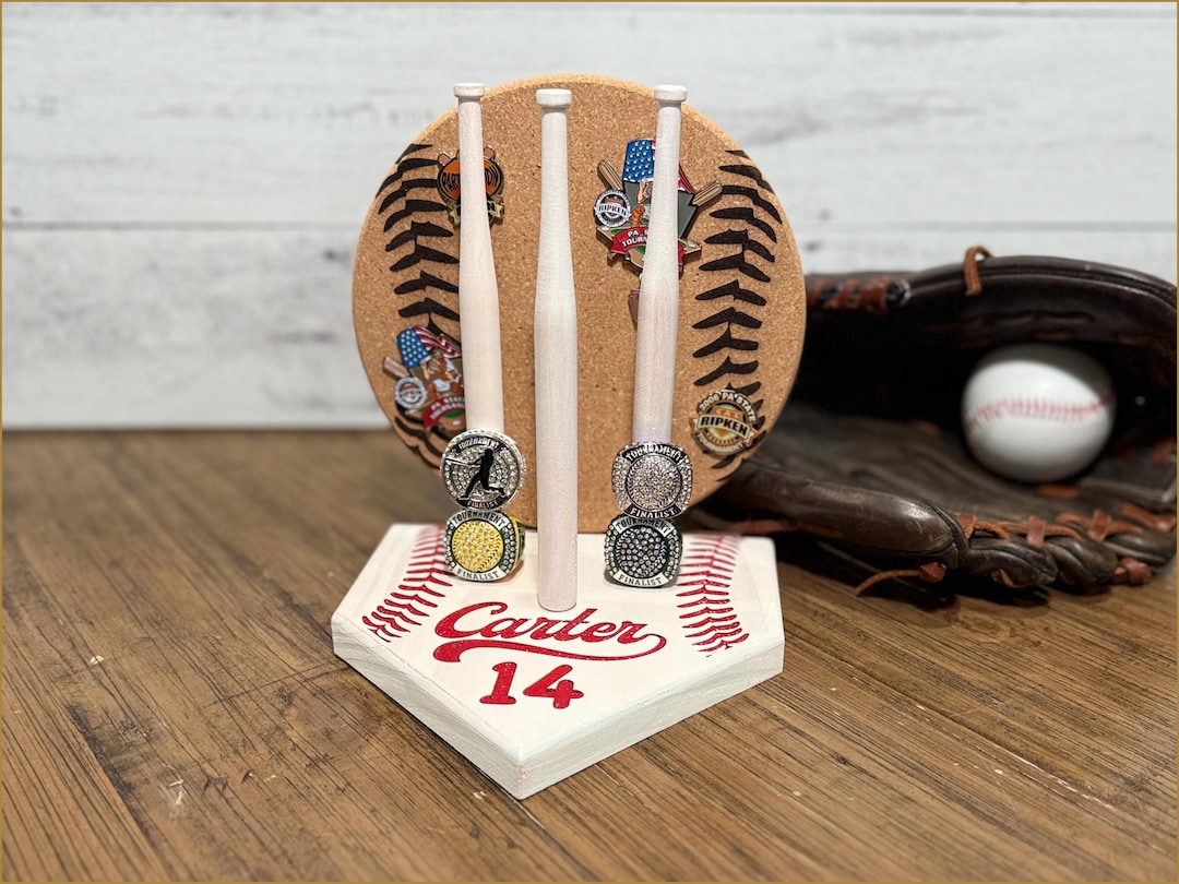Custom Engraved Baseball Ring & Pin Display: Home Plate Stand With Mini ...