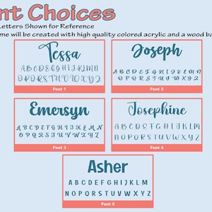May include: Image showcasing font choices for custom name signs. Five examples display names in different fonts, each with an alphabet reference. The text "Font Choices" and other descriptive text are at the top, all on a light blue background.