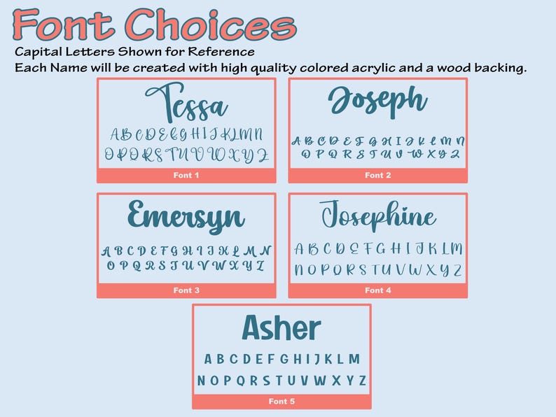 May include: Image showcasing font choices for custom name signs. Five examples display names in different fonts, each with an alphabet reference. The text "Font Choices" and other descriptive text are at the top, all on a light blue background.