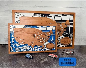 Custom NASCAR Track Travel Map – Handcrafted Wooden Racing Fan Display