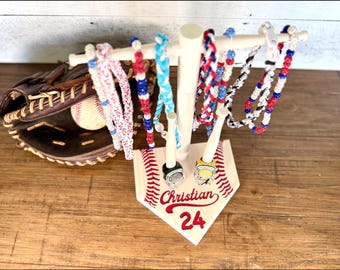 Personalized Baseball Softball Ring & Necklace Holder: Wooden Bat Display