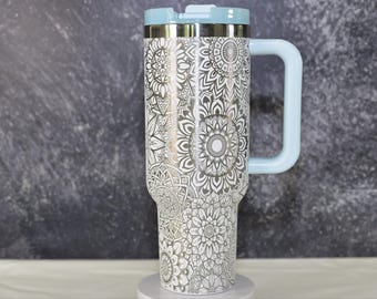 Custom Engraved 40oz Tumbler with Mandala Design - Insulated RTIC Travel Mug Geometric designs