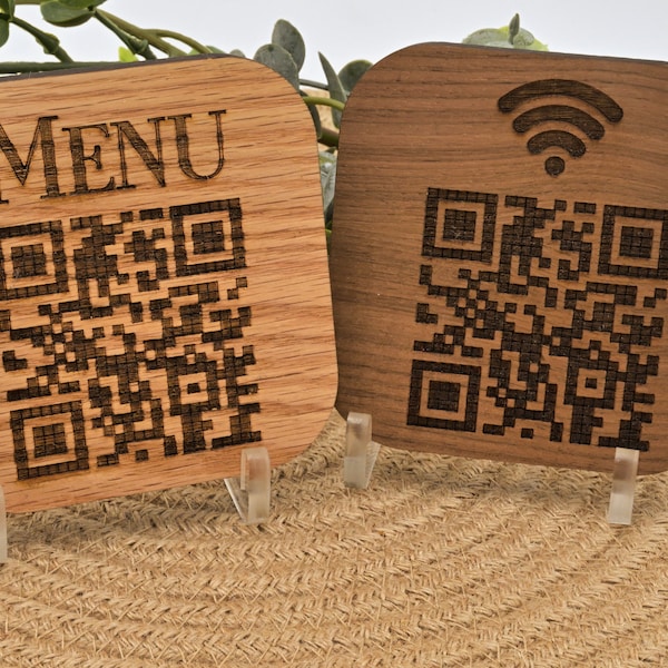 Custom Engraved QR Code Sign - Personalized Oak/Walnut, Acrylic Stand, Cafe/Bar Menu Display, WIFI Code, Business Gift