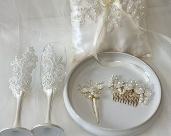 Handmade Ivory Peral luxury wedding accessories Box – Champagne Flutes, Ring Pillow, Hair Vine, boutonniere