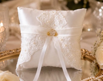 Wedding Ring Pillow Ivory Lace Pearl Ring Bearer Cushion Luxury Gift