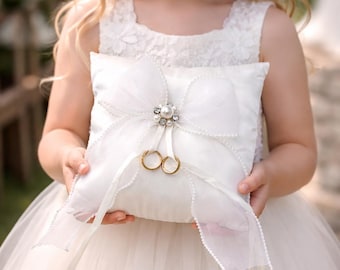 Handmade Ivory Satin Ring Pillow with Pearls and Crystals – Timeless Wedding Ring Holder Cushion