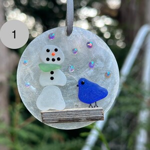 Sea glass Christmas tree ornament/sea glass capiz shell/sea glass snowman ornament