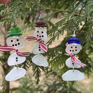 Set of 3 Sea glass snowmen ornaments