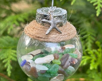 Sea glass and shell filled Christmas ball ornament