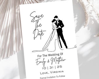 Hand Drawn Bride And Groom Save the Date Invitation, Custom Micro Wedding Announcement, Sketch Engagement Card, Scribble Minimalistic Invite