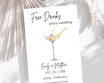Free Drinks Wedding Invitation, Cocktail Engagement Party Invites, Modern Wedding Stationery