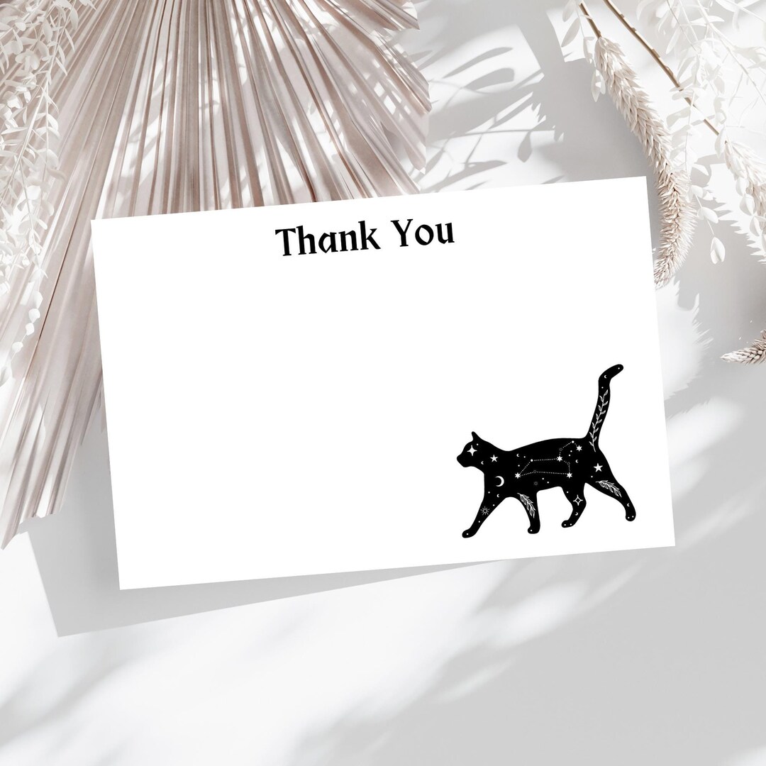 Printed Blank Thank You Card, Celestial Black Cat Flat Note Card, Cat ...