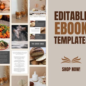 Puede incluir: Plantillas de eBook editables para crear libros de cocina digitales. La imagen muestra un collage de varias fotos de comida y páginas de texto con el título "The Good Table" y "All About Grains". El texto "Plantillas de eBook editables" está en texto marrón y blanco sobre un fondo beige. El texto "¡Comprar ahora!" está en texto marrón sobre un fondo beige.