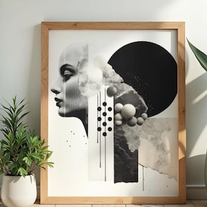 Puede incluir: Impresión artística abstracta en un marco de madera natural. La obra presenta un perfil en escala de grises del rostro de una mujer, un círculo negro y formas geométricas. La composición incluye esferas y líneas verticales, creando una estética moderna.