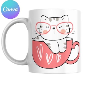 Puede incluir: Taza de cerámica blanca con una ilustración rosa y blanca de un gato con gafas rosas sentado en una taza de té rosa con corazones.