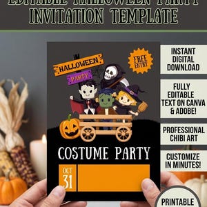 Puede incluir: Una plantilla de invitación a una fiesta de Halloween con el texto "Plantilla de invitación a la fiesta de Halloween editable". La invitación presenta personajes de dibujos animados en un carro, una calabaza y las palabras "Costume Party" y "Oct 31".
