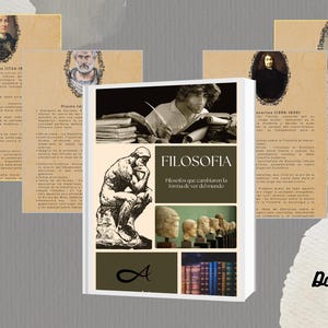 Puede incluir: Un libro titulado "FILOSOFIA" con imágenes de filósofos y una estatua de pensador. La portada presenta a un hombre escribiendo, una estatua de pensador y una fila de bustos. El fondo incluye documentos históricos y un personaje de dibujos animados.