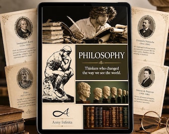 May include: A digital tablet displays a philosophy educational graphic featuring the text Philosophy, Thinkers who changed the way we see the world, and Anny Infinita. The screen shows historical figures, a statue, and books, surrounded by printed cards.