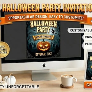 Puede incluir: Un póster de invitación a una fiesta de Halloween en una pantalla de ordenador, con el texto "ULTIMATE HALLOWEEN PARTY INVITATION POSTER". El diseño incluye una calabaza, una bruja y la fecha "OCTOBER, 31ST".