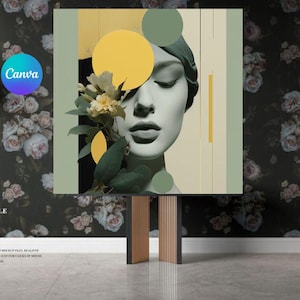 Puede incluir: Impresión de arte abstracto con el rostro de una mujer con los ojos cerrados, una hoja verde y un círculo amarillo. El fondo es beige claro con un patrón geométrico verde y amarillo.