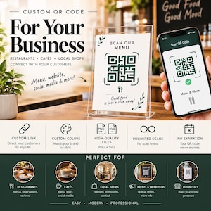 Puede incluir: Un soporte de acrílico transparente que muestra una tarjeta blanca con un código QR verde, el texto 'SCAN OUR MENU' y 'Good food is just a scan away!'. Un teléfono inteligente muestra el mismo código QR. El gráfico incluye iconos.