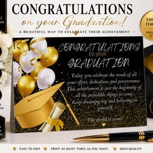 Puede incluir: Una plantilla de tarjeta de felicitación de graduación con fondo negro y purpurina dorada, globos dorados y blancos, un birrete de graduación dorado y un diploma. El texto dice: CONGRATULATIONS ON YOUR GRADUATION. Today you celebrate the result of all your effort, dedication, and perseverance. This achievement is just the beginning of all the incredible things to come. Keep dreaming big and believing in yourself. The world is yours!